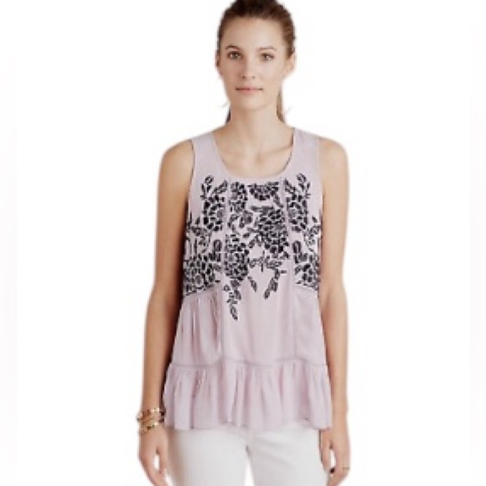 FLOREAT Anthro "Roselle" Lavender Embroidered Babydoll Peplum Tank Size XL